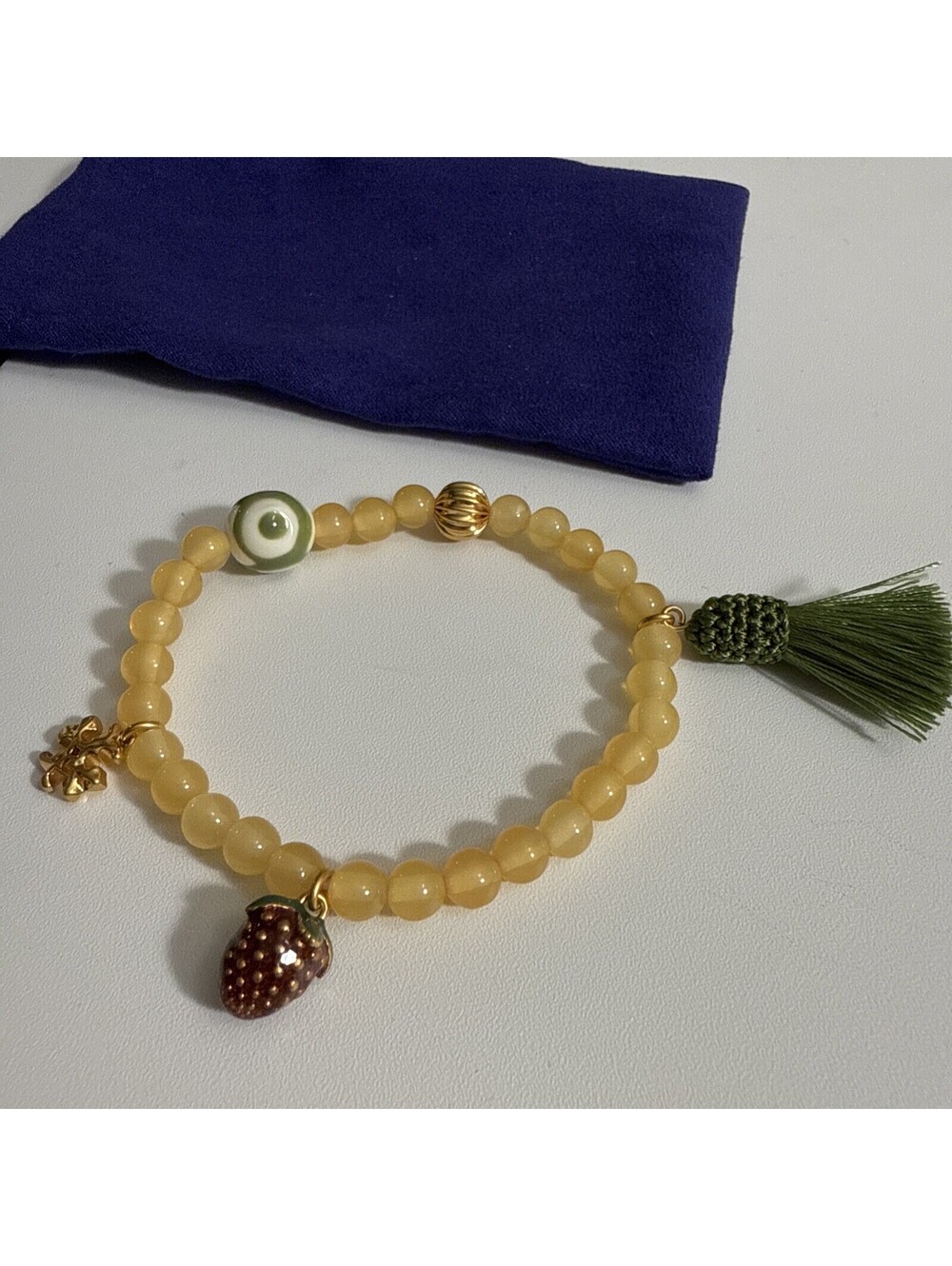 Tory Burch Women's Roxanne Beaded Tassel Bracelet Yellow Strawberry Pendant